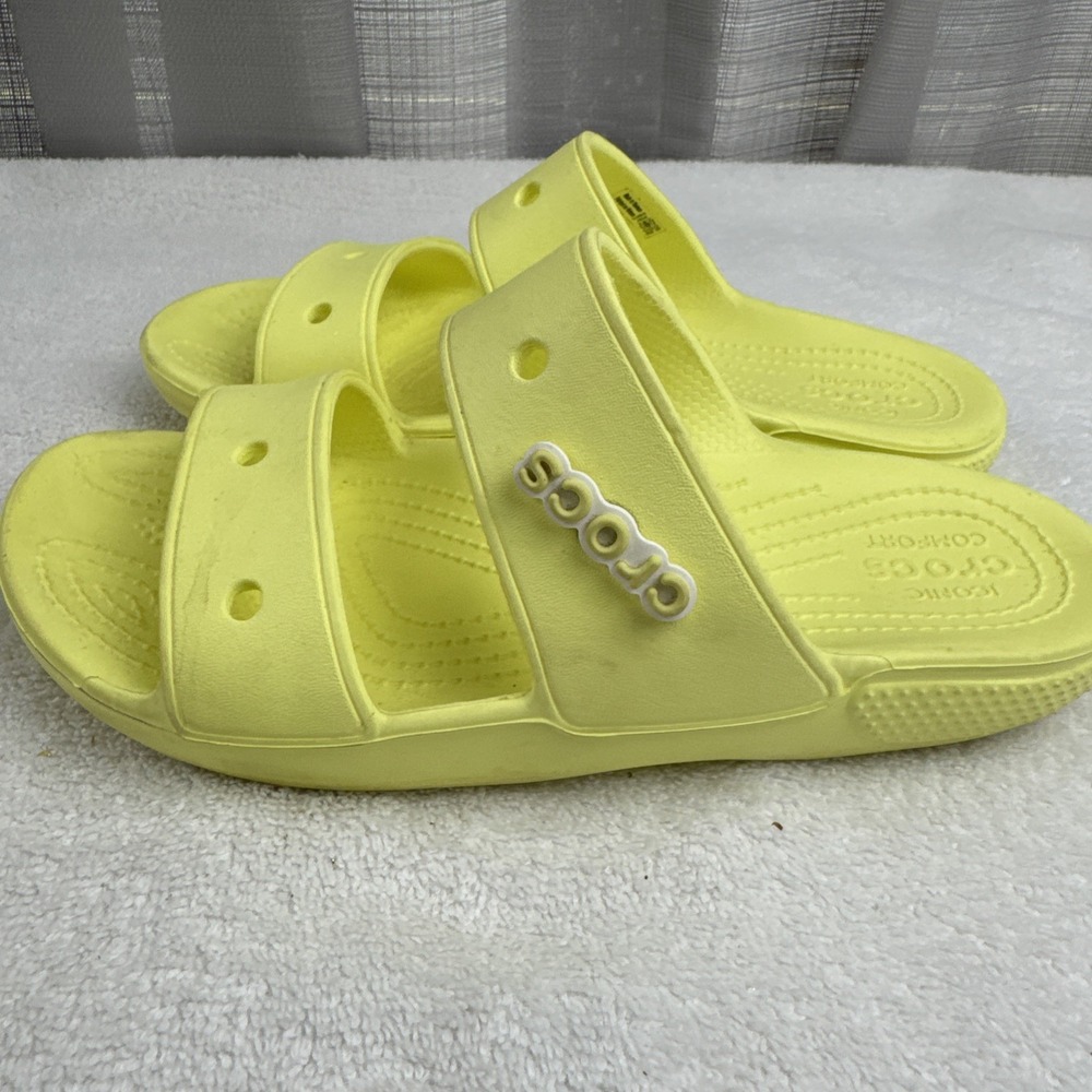 Iconic CROCS Comfort 6 M 8 W Slip On Slide 2 Strap Sandal Yellow With Crocs Jibs - Picture 5 of 11